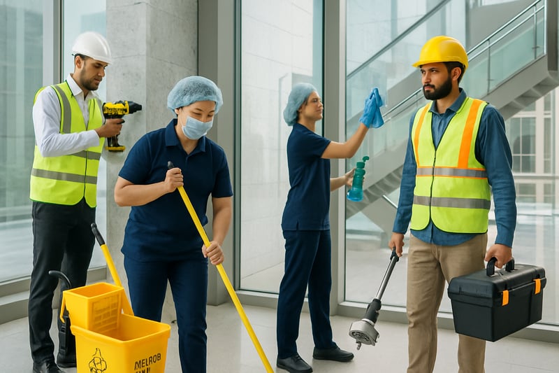 Professional cleaning and contracting team at work in a modern building in Doha, Qatar