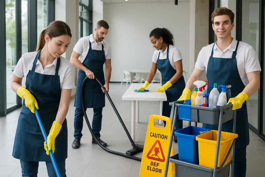 Professional cleaning team at work in a modern commercial space